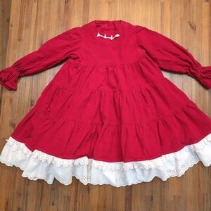 Handmade Vintage Red Long Sleeve Tiered Dress with White Lace Trim